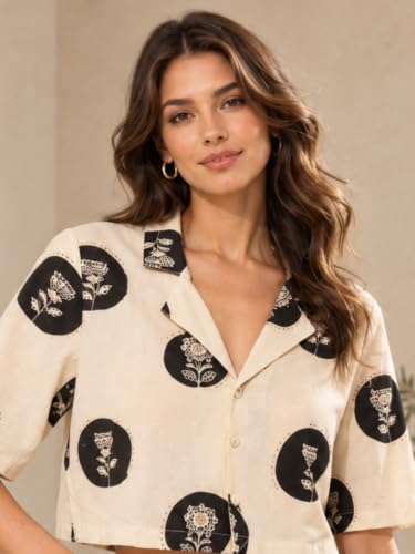 Image of Leriya Fashion Women Short Sleeve Crop Shirt | Notch Cuban Collar Front Button-Up Top | Floral Block Print Pattern Matte Texture Blouse | Casual Regular Fit Ladies Midriff Holiday Comfort