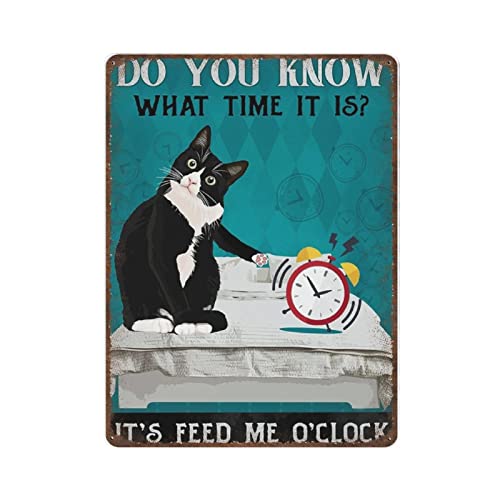 DAIERCY Vintage Thick Metal Tin Sign-It s Feed Me O clock Sign, Funny Tuxedo Cat Poster,Home Decor Wall Art,Funny Signs for Home Kitchen Garage Man Cave,Size 5.5X8 inches