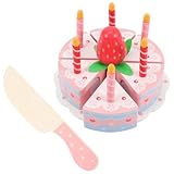 HEALSOPTHY Holz Geburtstagstorte mit Abnehmbaren Kerzen Farbenfrohes Rollenspiel Tortenschneide Satz für Kindergeburtstag und Kinderspielküche
