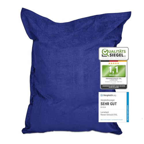 Lumaland Riesen-Sitzsack XXL 140x180cm | Indoor Bean Bag aus weichem & waschbarem Microvelours | 2-in-1- für bequemes Sitzen & Liegen | Mit über 3 Mio. anpassungsfähigen EPS-Perlen [Royalblau]