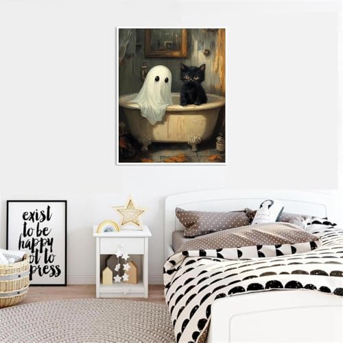 Image of Clendo Halloween Paint by Numbers Kit for Adults, Ghost Oil Painting by Numbers with Brushes, Black Cat Art and Crafts Canvas Kit for Beginner Home Decor 16x20 inch / 40x50 cm