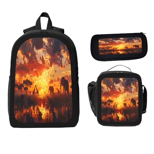 3PCS Backpack for Women Men With Lunch Box Pencil Bag 17 Inch Lightweight Adjustable Strap Back Pack 3 In 1 Set Animal Elephant Sunset Casual Daypack Unisex Fit Travel Work Camping