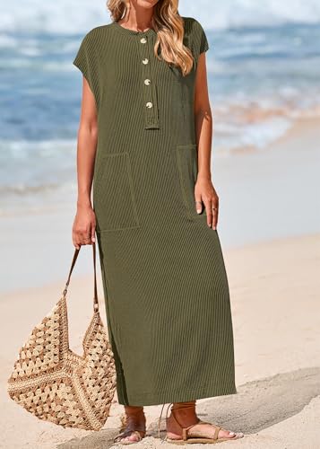 Image of KIRUNDO Womens Summer Ribbed Knit Short Sleeve Maxi Dress | 2026 Spring Henley Button Up Knitted Tshirt Dress, Loose Beach Vacation Sundress, Teacher Dress, Loose Fit Nursing Friendly