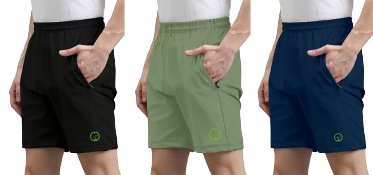 Shine N Show Men's Cotton Blend Stylish, Solid Regular Fit Shorts (Black/Pista/Dark Blue)(Pack of 3)-picture-20