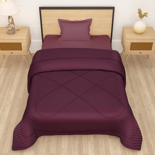 Image of Comforter Double Bed | 180GSM | Microfiber Blanket | Duvet 150X 225cm | AC Comforter Double Bed | Reversible Dohar | Maroon | Stripes Pattern |Perfect Festive Gifting
