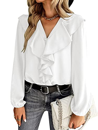 Vrtige Women's V Neck Ruffle Front Button Down Long Sleeve Blouse Top Shirt4