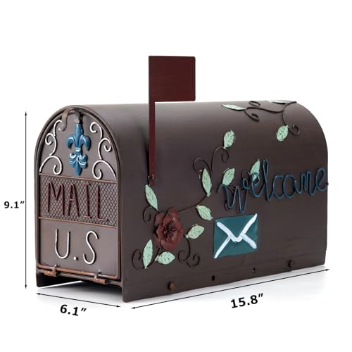 Image of Vintage Metal Post-Mount Mailbox, Decorative Mailboxes for Outside with Floral & Welcome Design