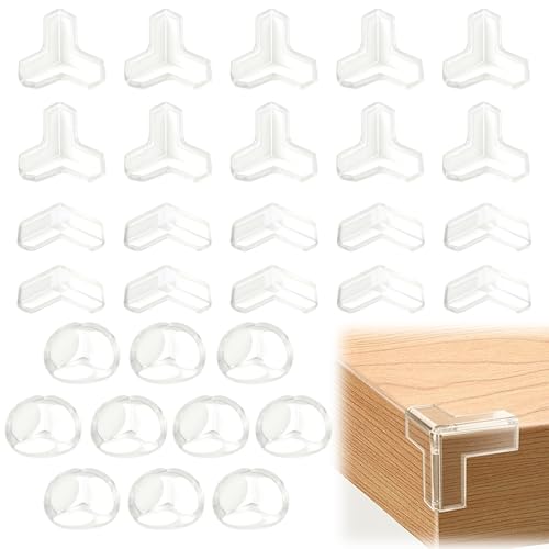 30 Pezzi Protezione Angolare per Tavoli - Forma Sferica/T/L Paraspigoli per Bambini, Forte Adesione Protezione Trasparente per Bordi, Trasparenti Angolari in Gomma per Mobili Sicurezza Bambini Culla
