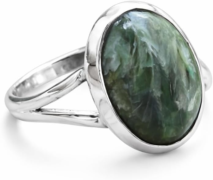 Natural Green Seraphinite Ring 925 Sterling Silver, 10x14mm Oval Gemstone Ring for Women, Handmade Statement Women Gift Jewelry