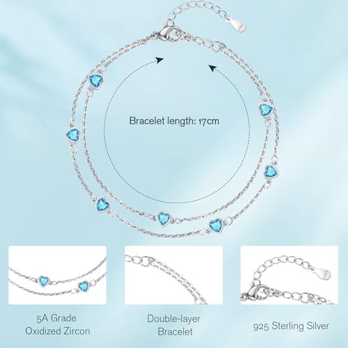 Bracelets for Women, 925 Sterling Silver with Cubic Zirconia, Double Layered Love Heart Birthstone Bracelet Personalised Jewellery Gifts for Ladies Her Wife Mom Girlfriend Birthday Valentines - Afbeelding 4