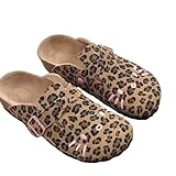 Women's Genuine Suede & Leather Mule Slippers | Slip-On Buckle Clogs with Soft Natural Rubber Cork Footbed Comfort Arch Support Cute Potato Shoes for Women(Leopard,Size 6)