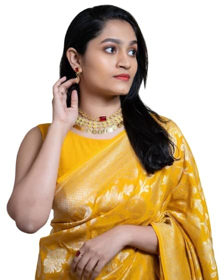Image of Flosive Women's Present Banarasi Soft Lichi Silk Saree Beautiful Jacquard Rich Pallu Design Work Zari Woven Kanjivaram Silk Style Saree With Soft Lichi Silk Blouse Piece (Yellow) sarees.