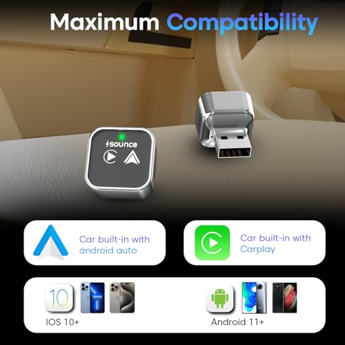 Image of Sounce Wireless 2-in-1 Apple CarPlay & Android Auto Adapter: Convert Wired to Wireless with Zero Latency Connection, Mini Design, Universal Compatibility for 1000+ Cars USB-C & Type-C Black and Silver