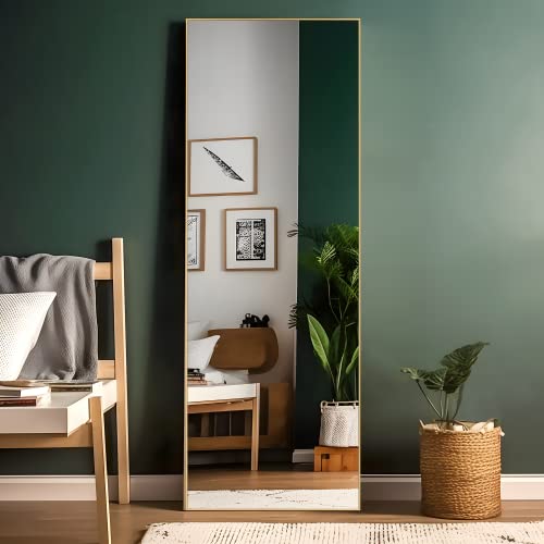 Image of NeuType 71 inchx24 inch Full Length Mirror with Standing Holder Aluminum Alloy Frame Floor Mirror Wall-Mounted Mirror for Living Room, Bedroom, Hanging or Leaning Against Wall, Golden (with Stand)