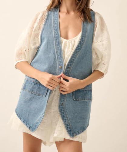 Women Western Baggy Denim Vest Button Down Sleeveless Back Slit Distressed Jean Jacket Vintage Long Denim Vest3