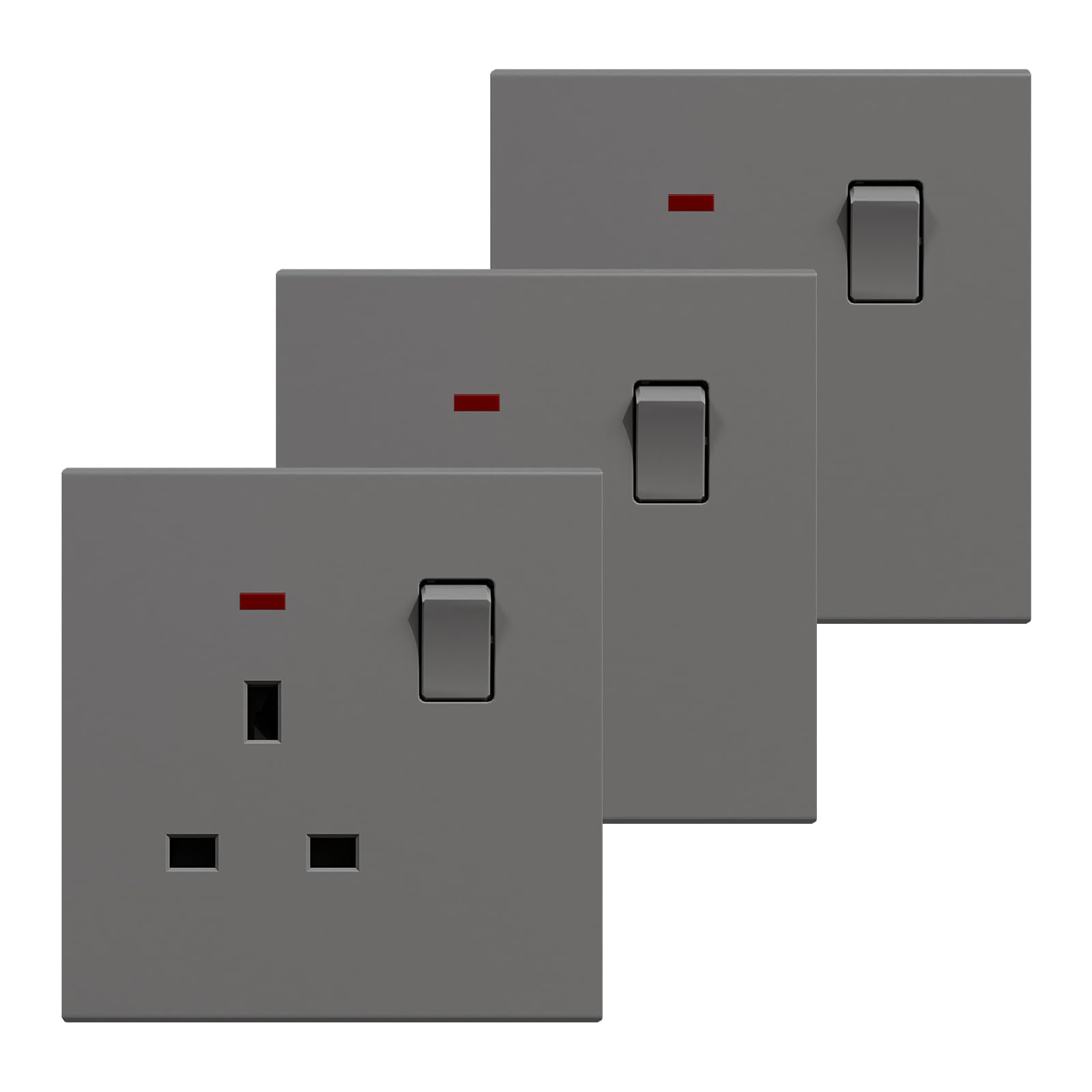 BSEED Single Socket 3 Pack, Electrical Single Switched Power Plug Wall Socket with LED Indicator, PC Wall Plate Outlet, Grey, 13A