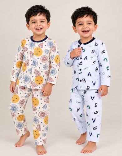 Image of 3BROS Kids Pure Cotton Night Suit Set | Boys Girls Printed Sleepwear Shirt & Pajama Clothing Combo | Soft Breathable Night Dress Outfit | Pack of 2