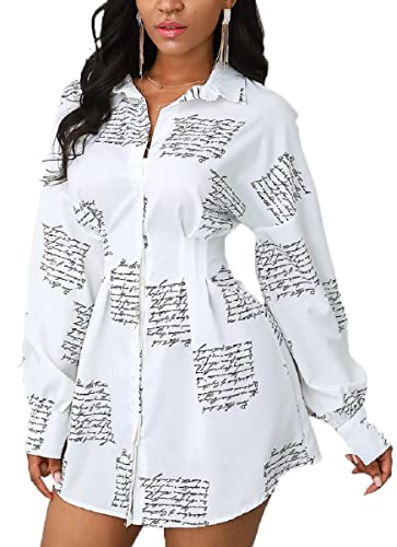 Image of Glozeplus Long Sleeve Button Down Collar Mini Shirt Dress for Women | Trendy script print shirt dress.The button-down front and collared V-neck create a chic.Perfect for office or casual dates.