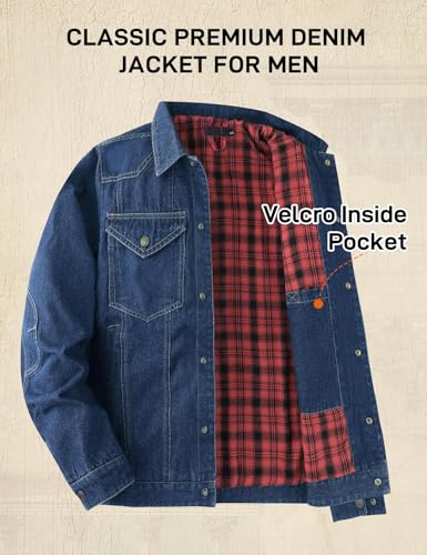 Flygo Mens Flannel Lined Denim Jacket Snap Cowboy Cut Western Classic Slim Fit Vintage Heavy Duty Jacket Trucker Coat