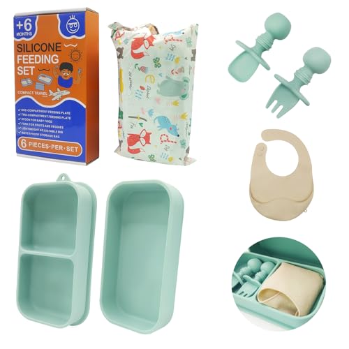 Travel Silicone Baby Feeding Set, 6 In 1 Portable Plates Spill Proof with Suction, Silicone Baby Spoon & Fork, Lightweight Foldable Baby Bib for Toddler with Waterproof Storage Bag - Green