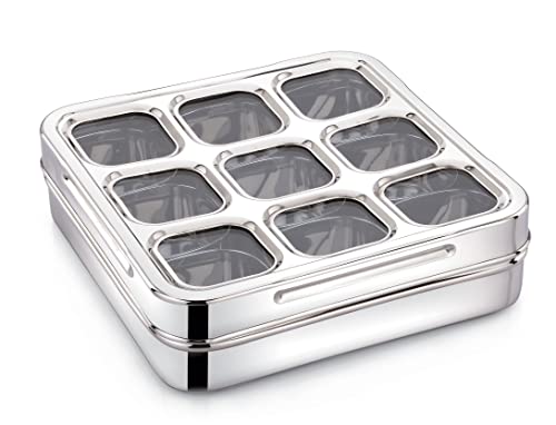 Image of Expresso 9 Square Stainless Steel Spice Box, Organiser with 9 Compartment, Popula Dabba, Square Masala Dani for Kitchen, Rust Resistant See-Through Lid with Unbreakable Acrylic Sheet, Design, Silver