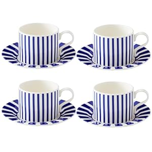 Spode Steccato Collection Teacup and Saucer Set of 4, Made in England, Ceramic Teacup Sets for Cappuccino, Espresso, or Tea, Cobalt Blue Stripes, 9 Fluid Ounce Cups