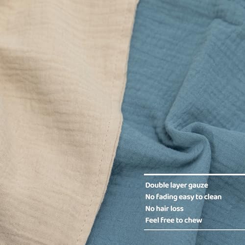 Image of 2 Pcs Set Organic Cotton Muslin Bunny Lovey Blanket, Soft & Breathable Baby Security Blanket, Ideal for Newborns (Khaki & Blue)