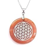 Colgante de diseño con forma de Moneda en Mineral de Cornalina con símbolo de Flor de la Vida en Acero Inoxidable. Incluye una cadena de eslabones en Acero con cierre de mosquetón y largo de 50cm.
