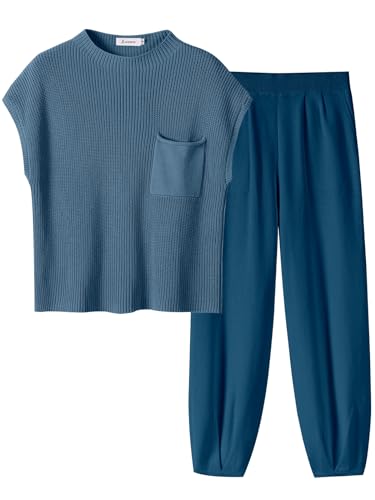 ANRABESS Women's Two Piece Outfits Knit Sweater Vest Crop Top Pants Lounge Matching Tracksuit Sweatsuit Travel Clothes Sets
