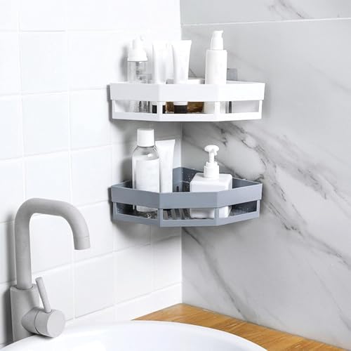 Image of J JINXIAMU Diamond Shape Plastic Bathroom Corner Shelf Wall Mounted, BUYERZONE Self Adhesive Shower Organizer Rack with Hooks, Waterproof Storage Stand for Kitchen, Wash Basin & Bathroom Accessories