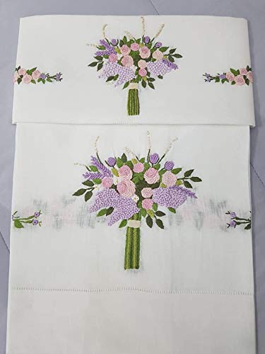 Spettacolari Asciugamani 1+1 Puro Lino Ricamo Bouquet in Punto Pieno a Mano