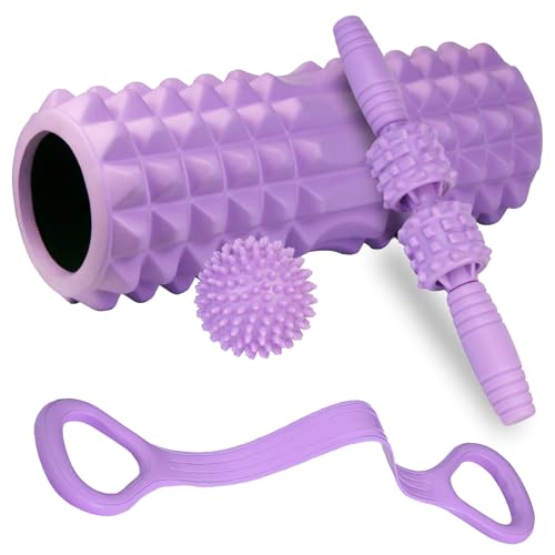 Foam Roller Set for Muscle Relief and Recovery (Purple), Muscle Roller Stick, Massage Ball, Figure 8 Resistance Band, Massage Roller, Deep Muscle Foam Roller Set for Muscle Relief and Recovery (Purple), Muscle Roller Stick, Massage Ball, Figure 8 Resistance Band, Massage Roller, Deep Muscle