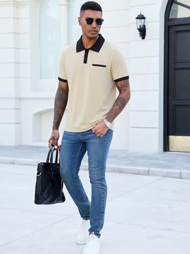 Image of Men's Casual Polo Shirts Summer Short Sleeve Contrast Collar Buttoned Tee Polo Shirt with Pocket