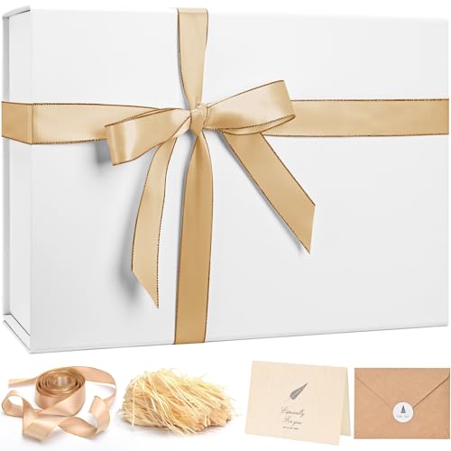 Image of LIFELUM White Gift Box with Magnetic Lids for Presents, 14 inchx8.5 inchx4.5 inch | with Ribbon, Greeting Card & Filler for Women, Graduation, Birthday & Christmas, 1 Pack