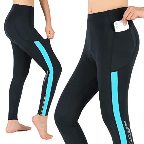 beroy Cycling Pants Women with Padded High Waisted Leggings Bike Long Compression Tights with Pockets(Blue, L)