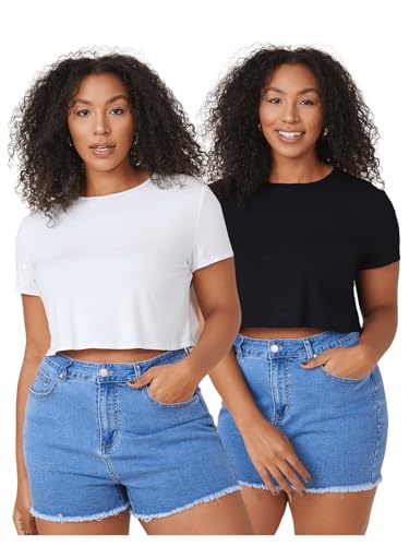 Floerns Women's Plus Size 2 Pcs Basic Short Sleeve Solid Crop Tops Tee Shirts