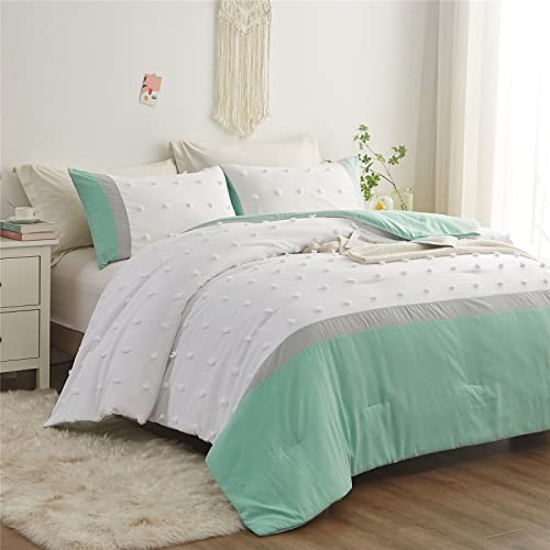 Tufted Pom Pom Comforter Set Twin Size For Girls Boys Kids Teen, Sage Green/Grey And White Patchwork Striped Jacquard Comforter, 2Pc Soft Microfiber Textured Bedding Set For All Season(Green,Twin) #TOP1