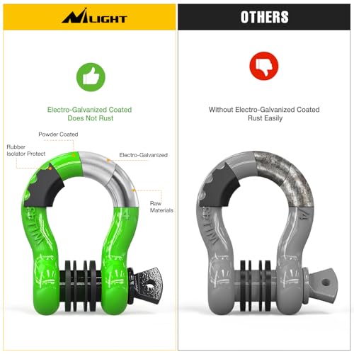 Image of Nilight 3 /4 inch D Ring Shackle 2 Pack 19T (41,887 lbs) Break Strength 4.75T WLL Heavy Duty Towing Hook with Anti-Theft System Anti-Rattle Isolators for Truck Jeep SUV ATV UTV Recovery Green