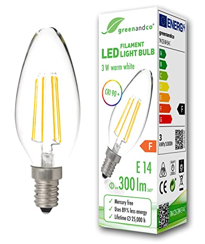 greenandco® CRI90+ Glühfaden LED Lampe | klar | ersetzt 28 Watt E14 Kerze | 3W 300 Lumen | 2700K warmweiß | Filament Fadenlampe | 360° 230V AC | nicht dimmbar | flimmerfrei | 2 Jahre Garantie