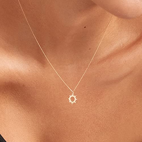 14K Solid Gold Sun Necklace | 14K Yellow Gold Good Vibes Only Necklace For Women | Sunshine Pendant Necklace | Dainty Star Jewelry | Gifts For Christmas, 18" #TOP1