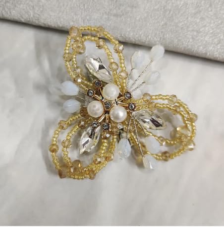 Golden Crystal Hair Clip, Floral Design with Pearl Beads, Pink and Silver, One Size, Hair Accessory for Women