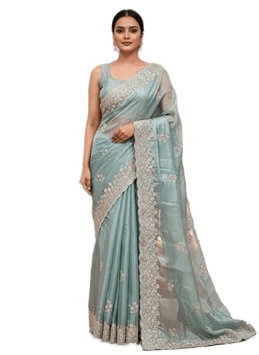 Image of Glory Sarees Women's Organza Chiffon Embroidery Work Scallop Border Saree With Blouse Piece (Chiffon101 Parent)