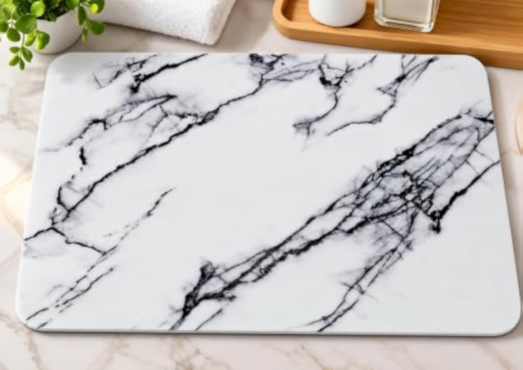White Marble Print Diatomite Bath Mat, Quick Dry