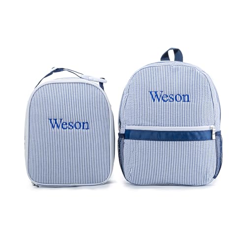 MT WORLD Kids' Backpacks with Lunch Boxes Set,Personalized Kids Backpacks & Lunch Bag with Name,Seersucker Toddler Preppy Bookbag Set with Lunchbox for Preschool Kindergarten Back to School Gifts