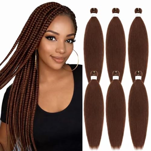Braiding Hair Pre Stretched Brown Braiding Hair kanekalon 24 Inch Hair for Braiding Hot Water Setting 6 Packs Pre Stretched Braiding Hair Extensions (20Inch,30#)