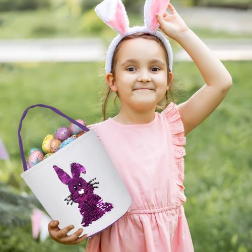 Image of Huaerle 2 Pack Easter Bunny Basket Bags for Kids,Easter Bunny Basket Egg Bags, Easter Egg Hunt Basket with Handle,Canvas Fluffy Tails Rabbit Bags Buckets for Party Gifts(Pink+Purple)