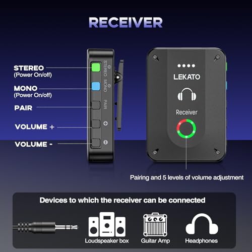 LEKATO MS-02 Drahtloses In-Ear Monitoring, EIN einzelner Empfänger - Aufnahme der Audiosignale Betrieb im Mono- und Stereo-Mode Geeignet für Bandproben und Live-Auftritt