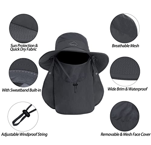 Outdoor Summer Sun Hat Wide Brim Fishing Hats For Women Men Safari Hat With Removable Face & Neck Flap Dark Grey #TOP4