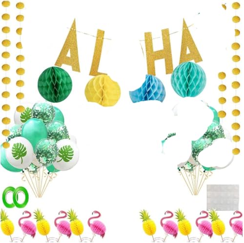 Funnlot Hawaiian Party Decorations 73Pcs Luau Birthday Party Supplies Including ALOHA Banner Tropical Palm Leaves Cake Topper Balloons Drinking Umbrella Straws for Aloha Party Summer Party