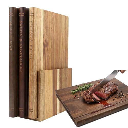 Book Cutting Board Set with Stand - 3 Uniform Acacia Wood Chopping Boards (All Same Size), Organized Wooden Cutting Board Set for Kitchen, Heavy Duty Butcher Block for Meat, Veggies & Bread